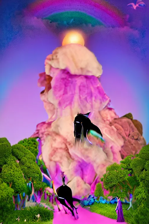 Image similar to Ethereal safari landscape with a pink rainbow sky under a god moonstone, black leather and embroidered Lolita dapper bespoke avant-garde tuxedo in velvet, black and gold rich color, dramatic cinematic lighting, featured on Artstation, extremely detailed by Lisa Frank