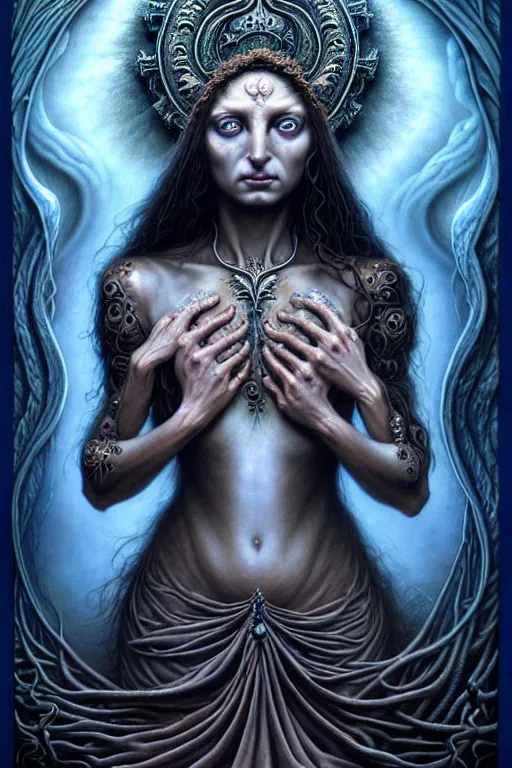 Image similar to A beautiful detailed goddess woman with 6 arms super dark tarot card, by tomasz alen kopera and Justin Gerard, 4 eyes, beautiful symmetrical features, ominous, magical realism, texture, intricate, ornate, royally decorated, melting, whirling smoke, embers, blue adornements, blue torn fabric, radiant colors, fantasy, trending on artstation, volumetric lighting, micro details, 3d sculpture, ray tracing, 8k, anaglyph effect