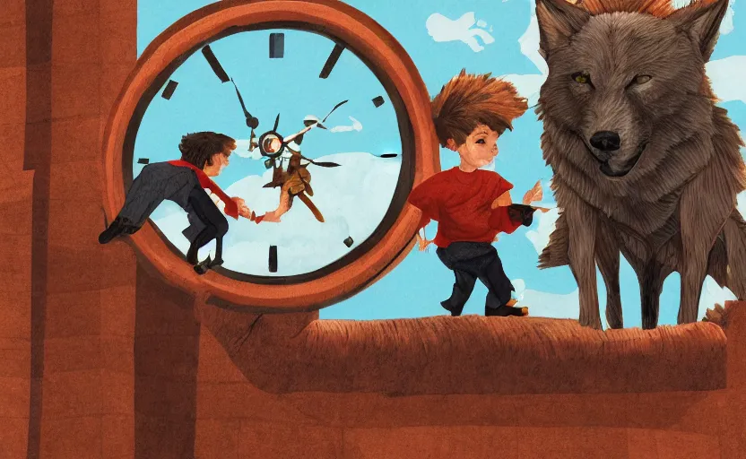 Image similar to a boy fighting a wolf on the edge of a clocktower, digital gouache, print