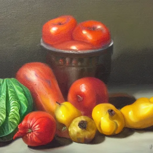 Prompt: fruits and vegetables, oil paintin