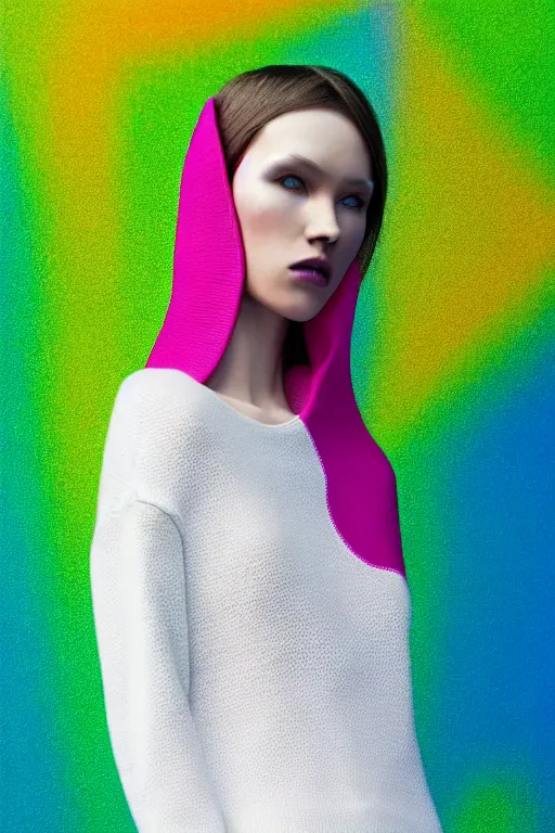 Image similar to stylish pullover for a rave bright colors, many details, photo for a magazine, photo for a store, fashion photography, Vogue, cinematic, hyper realism, high detail, 8k, very coherent symmetrical work, perfect face model, full length photo, Upper and lower body, white eyes, photographer style by Nik Night Erik Madigan Hec and Walter Chin and Camilla Akrans and Miles Aldridge