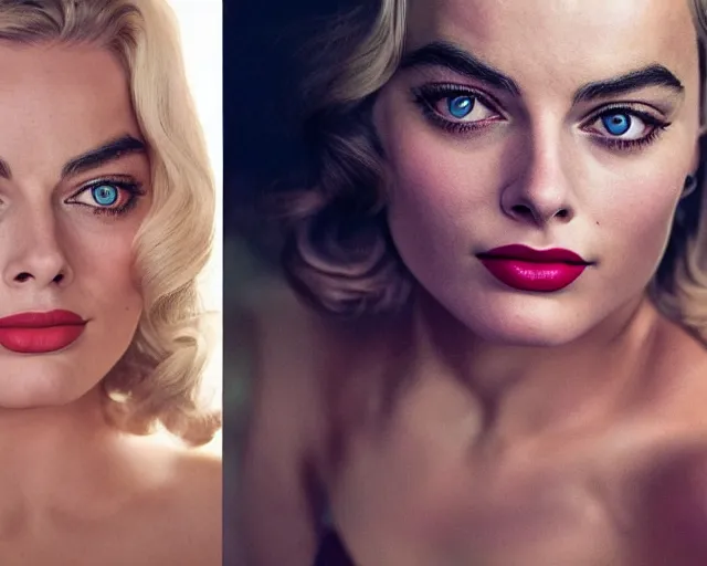 Image similar to a mix of margot robbie and mariyln monroe, hyper realistic face, beautiful eyes, cinematic, long shot, hyper detailed, 8 5 mm photograph, 8 k resolution, film still, sharp lens, wide lens