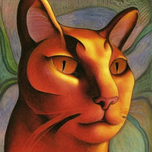 Image similar to cloisonne cat head sculpture, by annie swynnerton and diego rivera and nicholas roerich and jean delville, symbolist, dramatic lighting, god rays, art brut, rich colors, smooth, sharp focus, extremely detailed, adolf wolfli and ( donato giancola )