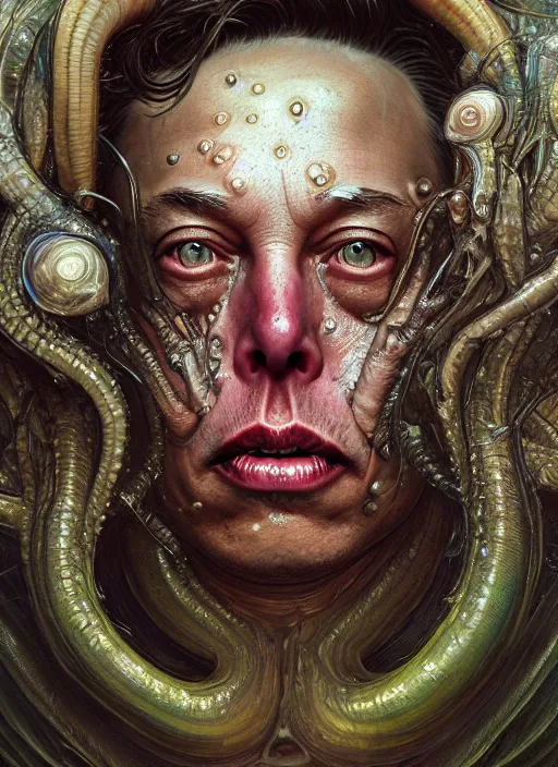 Image similar to elon musk as mollusk, slime, drool, portrait, intricate, elegant, highly detailed, digital painting, artstation, concept art, wallpaper, smooth, sharp focus, illustration, art by h. r. giger and artgerm and greg rutkowski and alphonse mucha