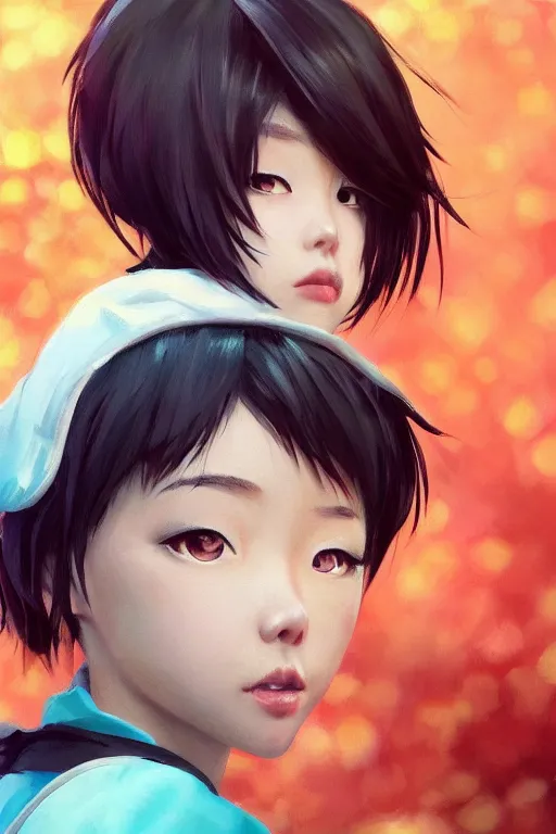Image similar to a painting of cute Asian girl, short hair, in the style of DreamWorks animation, low angle view, 16mm lens, award winning, hyper detailed, dramatic lighting, artstation, octane renderer, unreal engine