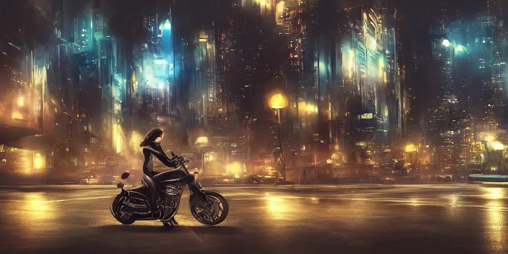 Prompt: motorcycle in a futuristic cityscape at night, soft lighting, realistic painting