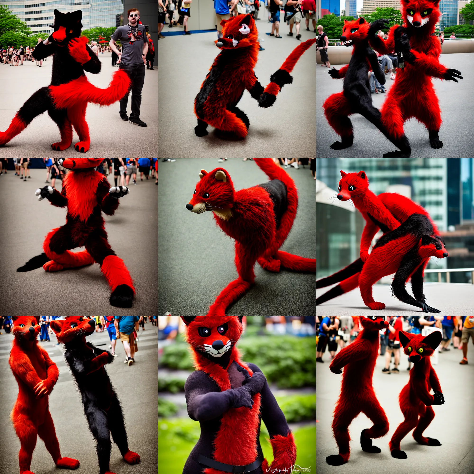 Image similar to fullbody photoshoot photo portrait of a roguish male red - black furred weasel furry fursuiter ( tail attached ), taken at anthrocon ( furry convention )