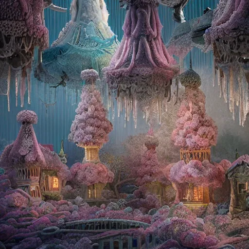 Image similar to cotton candy forrest by artem chebokha and aerroscape, intricate detail, finely detailed, small details, extra detail, photorealistic, high resolution, vray, hdr, hyper detailed, insane details, intricate, elite, ornate, elegant, luxury, dramatic lighting, octane render, weta digital, micro details, 3 d sculpture