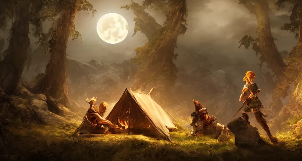 Image similar to an epic fantasy adventurer's camp with a hide tent at night with a full moon, a single adventurer with red hair playing an instrument, 4 k, extremely detailed. award winning, trending on artstation, 8 k, ultra wide angle