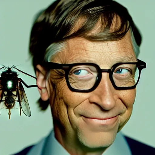 Prompt: a film still of Bill Gates turning slowly into a fly from the movie The Fly, promotional photo