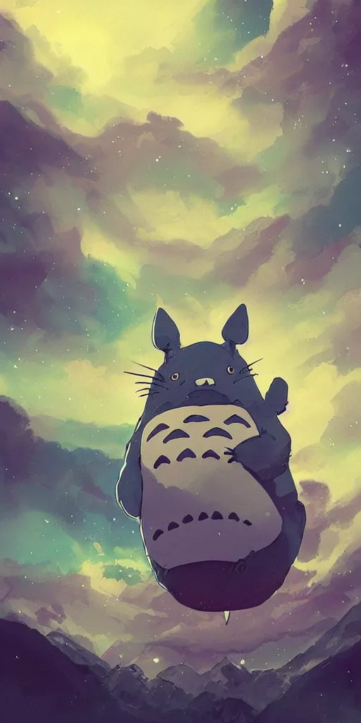 Image similar to exoskeleton totoro, mountain landscape, night sky, digital art, digital painting, celestial, majestic, playful, colorful