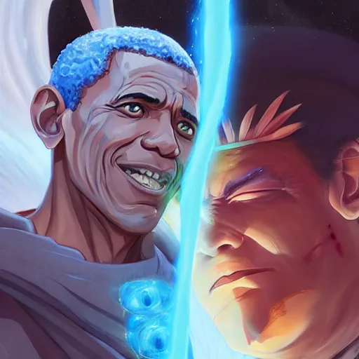 Image similar to anime portrait of Barak obama as a shaman yedi using dark force to eliminate trump as an anime antagonist by Stanley Artgerm Lau, WLOP, Rossdraws, James Jean, Andrei Riabovitchev, Marc Simonetti, and Sakimichan, trending on artstation