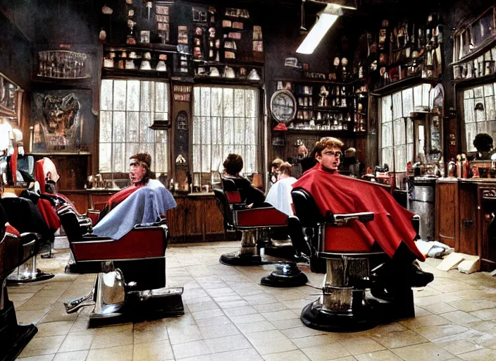 Image similar to a film still of a crowded barber shop in harry potter