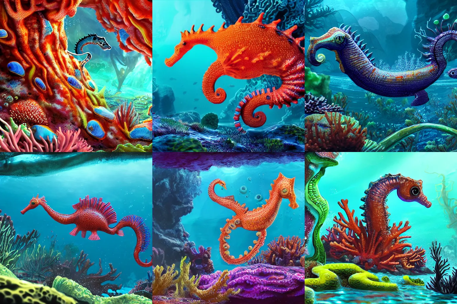 Prompt: seahorse leviathan living in a coral reef. style of subnautica. video game concept art. photorealistic.