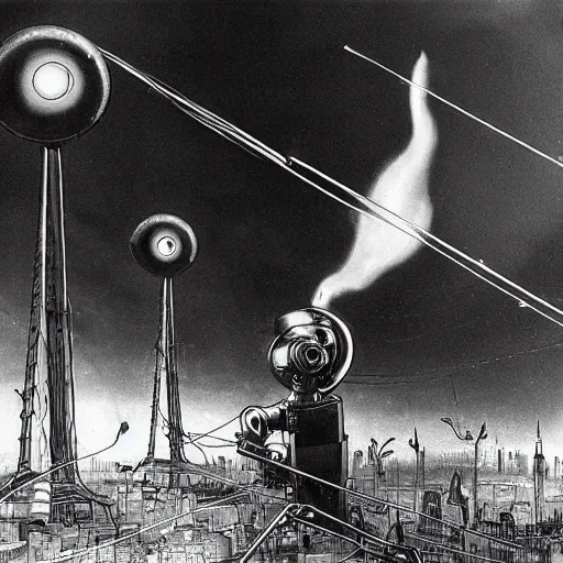 Prompt: three-legged robot from the story War of the Worlds by Herbert Wales, rises above the foggy city at night and shines searchlights on the ground in search of people, realism,