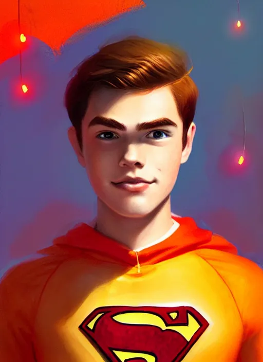 Image similar to kind teenage archie andrews wearing an orange superhero costume, freckles, superhero costume with heart emblem, cape, intricate, elegant, glowing lights, highly detailed, digital painting, artstation, sharp focus, illustration, art by wlop, mars ravelo and greg rutkowski