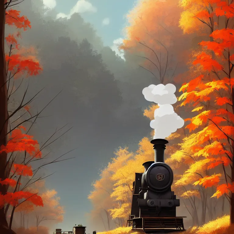 Prompt: Goro Fujita illustrating An antique steam train with a large white cloud coming out of the chimney travels through a beautiful autumn forest along the railroad tracks, art by Goro Fujita, concept art, sharp focus, ArtStation