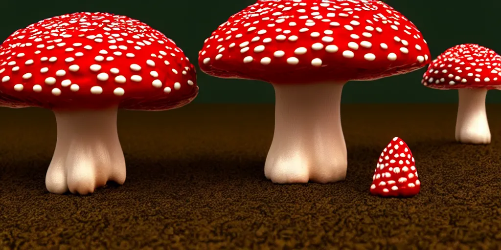 Prompt: a 3 d render of an amanita muscaria mushroom giant with tiny people below looking up at it,