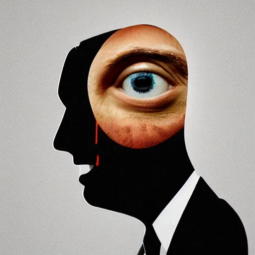 Image similar to a man peels his own head revealing a large eye