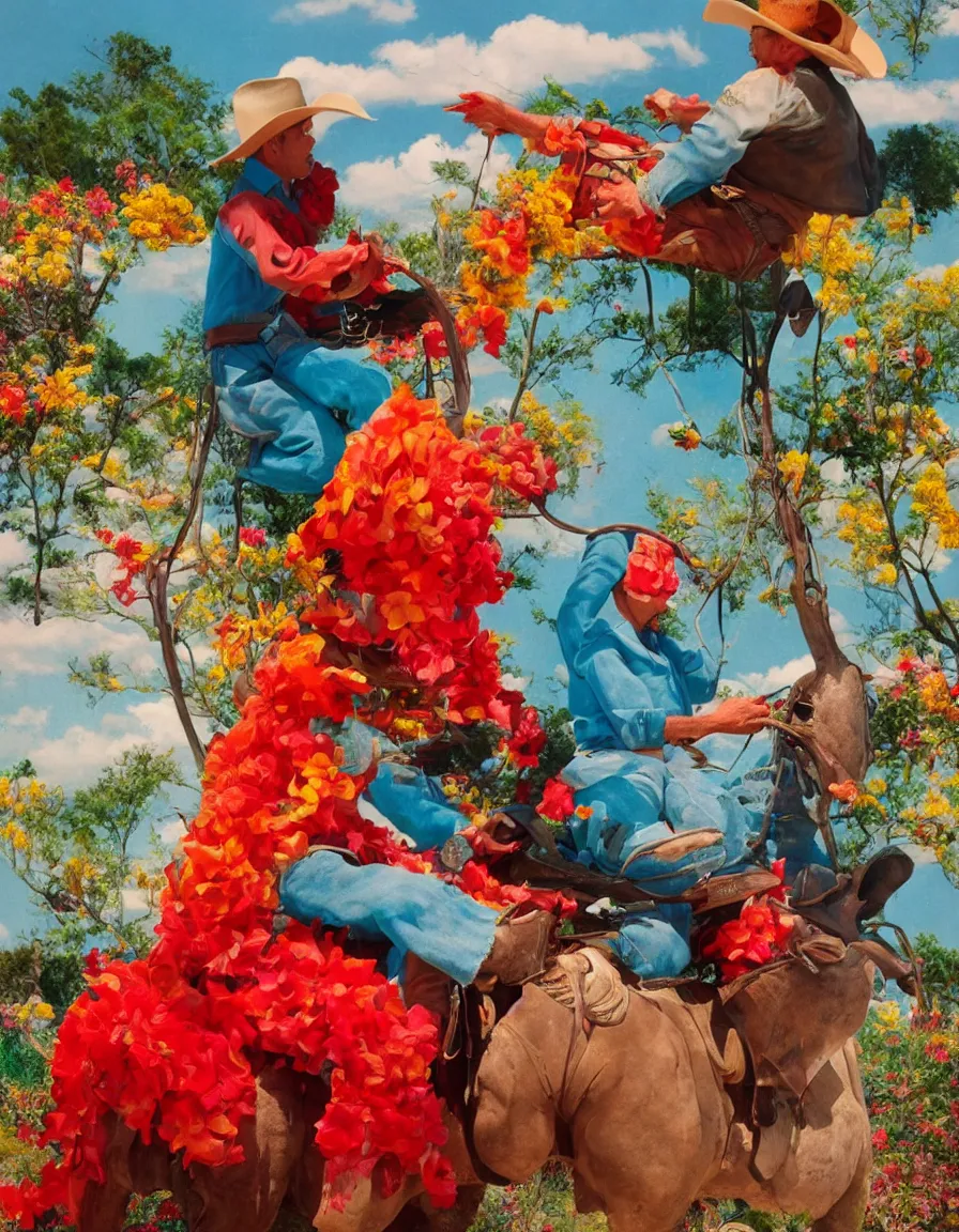 Image similar to a cowboy turning into blooms by slim aarons, by zhang kechun, by lynda benglis. tropical sea slugs, angular sharp tractor tires. complementary colors. warm soft volumetric light. national geographic. 8 k, rendered in octane, smooth gradients. manly cowboy riding by edward hopper. red accents.