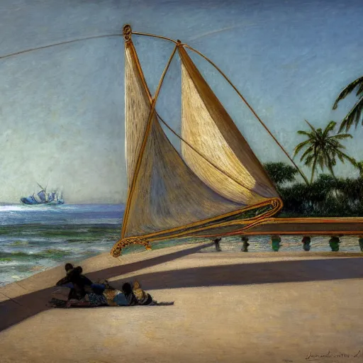 Image similar to a ultradetailed beautiful painting of a sail boat in the amazonas palace balustrade designed by jules bastien - lepage, tarsila do amaral, frank weston and gustave baumann, beach, trending on artstation, mediterranean, palm trees, sharp focus, soft light, 8 k 4 k