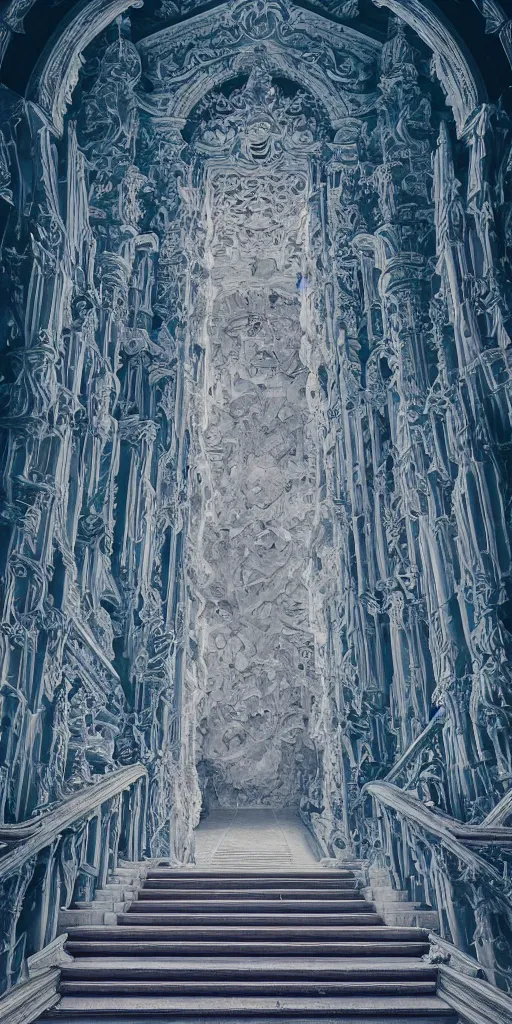Prompt: frozen heaven, abstract undertones, intricate details, beautiful architecture, high castle, beautiful temple, marble stairs, delicate structure, color grade, trending on artstation