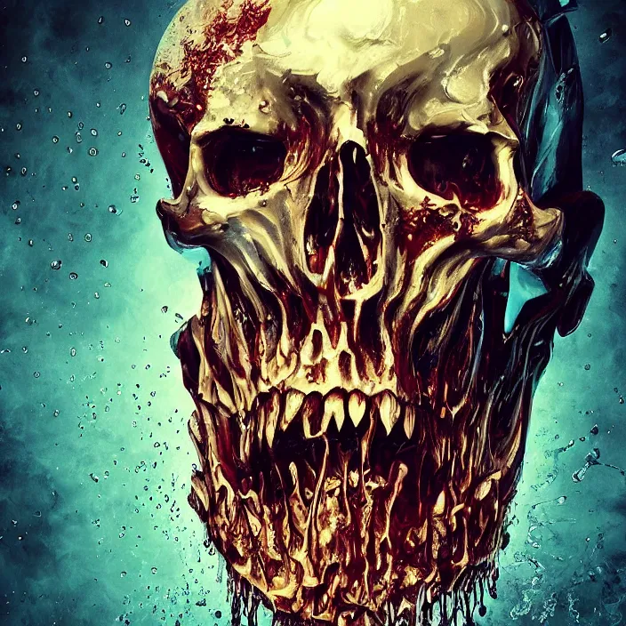 Image similar to portrait of a melting dripping skull. razor sharp teeth. burning water distortions. intricate abstract. intricate artwork. by Tooth Wu, wlop, beeple, dan mumford. octane render, trending on artstation, greg rutkowski very coherent symmetrical artwork. cinematic, hyper realism, high detail, octane render, 8k, depth of field, bokeh. iridescent accents