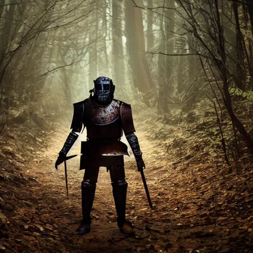 Image similar to a zombie knight in a scary forest, 8 k, shallow depth of field, 8 k, ultra high detail, concept art,