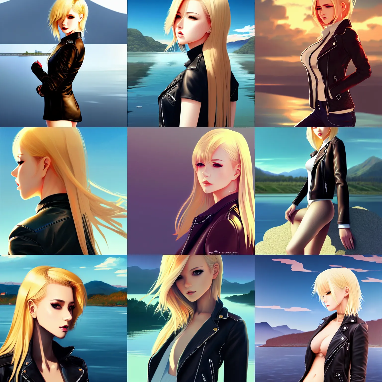 Prompt: woman with blonde hair wearing a leather jacket, scenic view of river, in the style of ilya kuvshinov and rossdraws and artgerm, sexy, hot