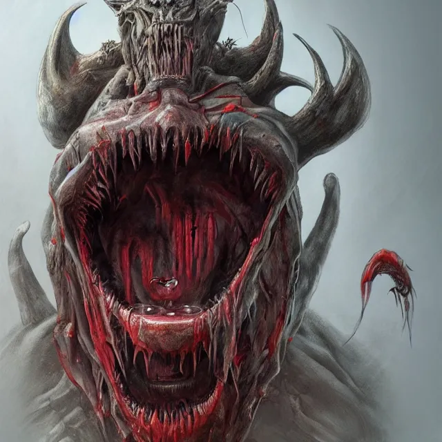 Prompt: concept art of a demonic devil with mismatched animal features a her bloody mouth open freakishly wide in the style of zdzisław beksinski in the style of h. r. giger trending on artstation deviantart pinterest furaffinity detailed realistic hd 8 k high resolution