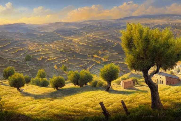 Image similar to beautiful amazing mind-bending stunning inspiring painting of a traditional hilly rural town landscape with many olive trees!, fantasy, painted in photoshop, digital art, hyperrealistic, sharpened, highly detailed, cinematic, wide angle, warm lighting, trending on artstation