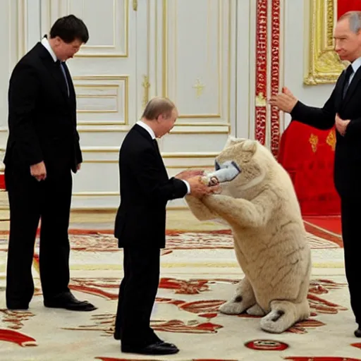 Prompt: Vladimir Putin swearing fealty to a council of furries