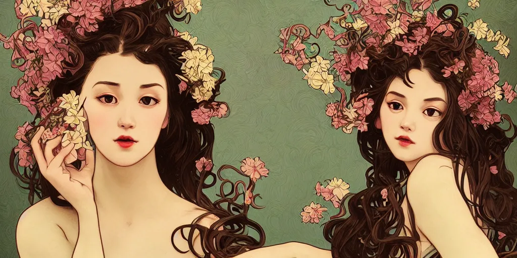 Image similar to a portrait of a very seductive young woman, hair full of gigantic flowers and octopus tentacles, photoillustration, realistic, closeup, facing the camera, dark, dramatic lighting, in the style of WLOP and Alphonse Mucha and Kim Deuk-sin