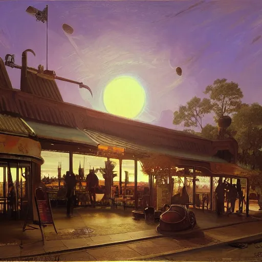 Prompt: painting of syd mead artlilery scifi organic shaped diner exterior with ornate metal work lands on a farm, fossil ornaments, volumetric lights, purple sun, andreas achenbach