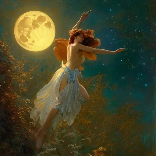 Image similar to attractive fairy magically floating high in the night, fantasy, full moon in background. highly detailed painting by gaston bussiere, craig mullins, j. c. leyendecker, mid shot, 8 k