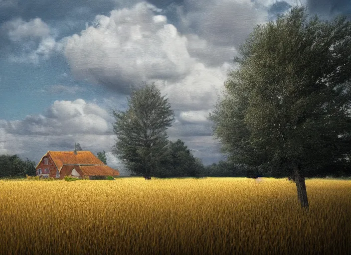 Image similar to a realistic digital oil painting of a house in the middle of a wheat field with a fence and trees surrounding it, pathway in the field, digital art, trending on artstation, detailed