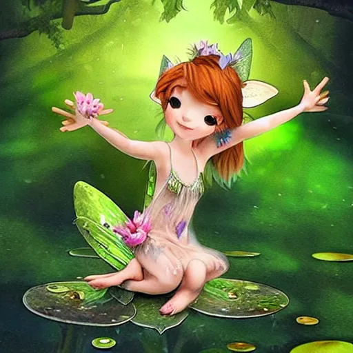 Image similar to tiny mischievous forest fairy spirit darts through the air over a frog pond at night. she is small, like tinker bell. the spirit a cute chibi dryad. magic swirls in the air. the spirit grins with glee. the frogs are large and croak loudly by the lilypads. by kevin walker, by greg staples, by daarken, by terese nielsen,