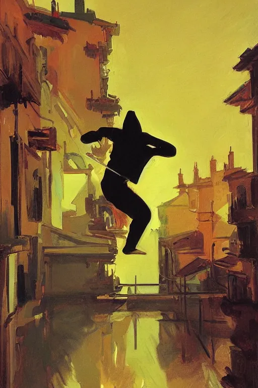 Prompt: a ninja jumping from the roof on a rainy night by joaquin sorolla, syd mead, boneface