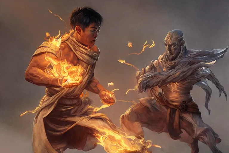 Image similar to a human male asian rogue with energy crackling from his hands, with two ethereal!!! forms next to him, one made of fire, thee other made of ice, fighting monsters, d & d, detailed, digital painting, artstation, concept art, sharp focus, illustration, cinematic lighting, art by artgerm and greg rutkowski and alphonse mucha