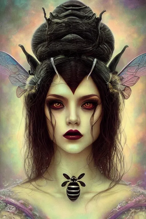 Prompt: portrait of an elegant alien bee woman queen, straight on portrait, by artgerm, tom bagshaw, gerald brom, vaporwave colors, lo - fi colors, vaporwave, lo - fi, moody vibe, goth vibe, 4 k, hd,