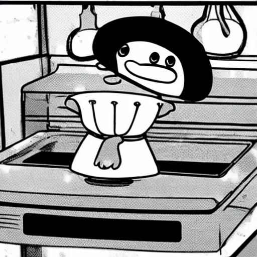 Image similar to manga cute platypus on a kitchen wearing a chef hat and holding a lasagna into an oven, manga style