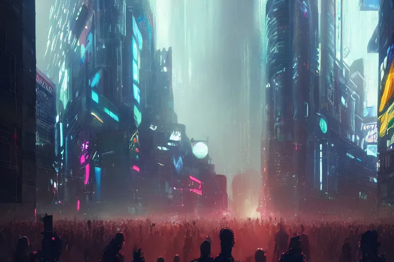 Prompt: dramatic artstation illustration of a crowd of people at a city intersection, surrounding giant holographic avatar by greg rutkowski, cyberpunk, raining