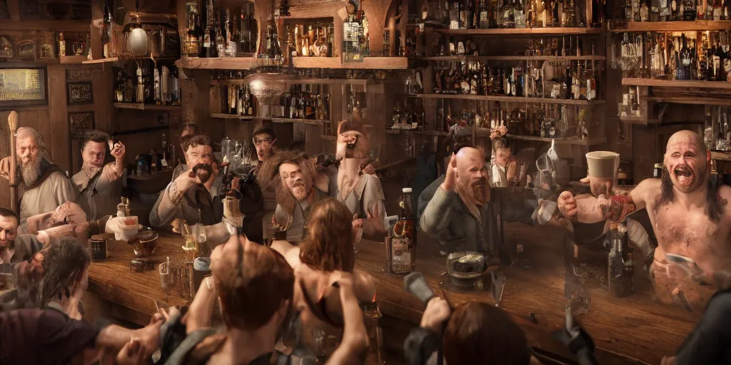 Prompt: a bar fight inside a pub between hobbits and dwarves and elves, 4k, hyperrealism, photorealistic, crisp details, sharp focus, wide angle lens, octane render, caustics