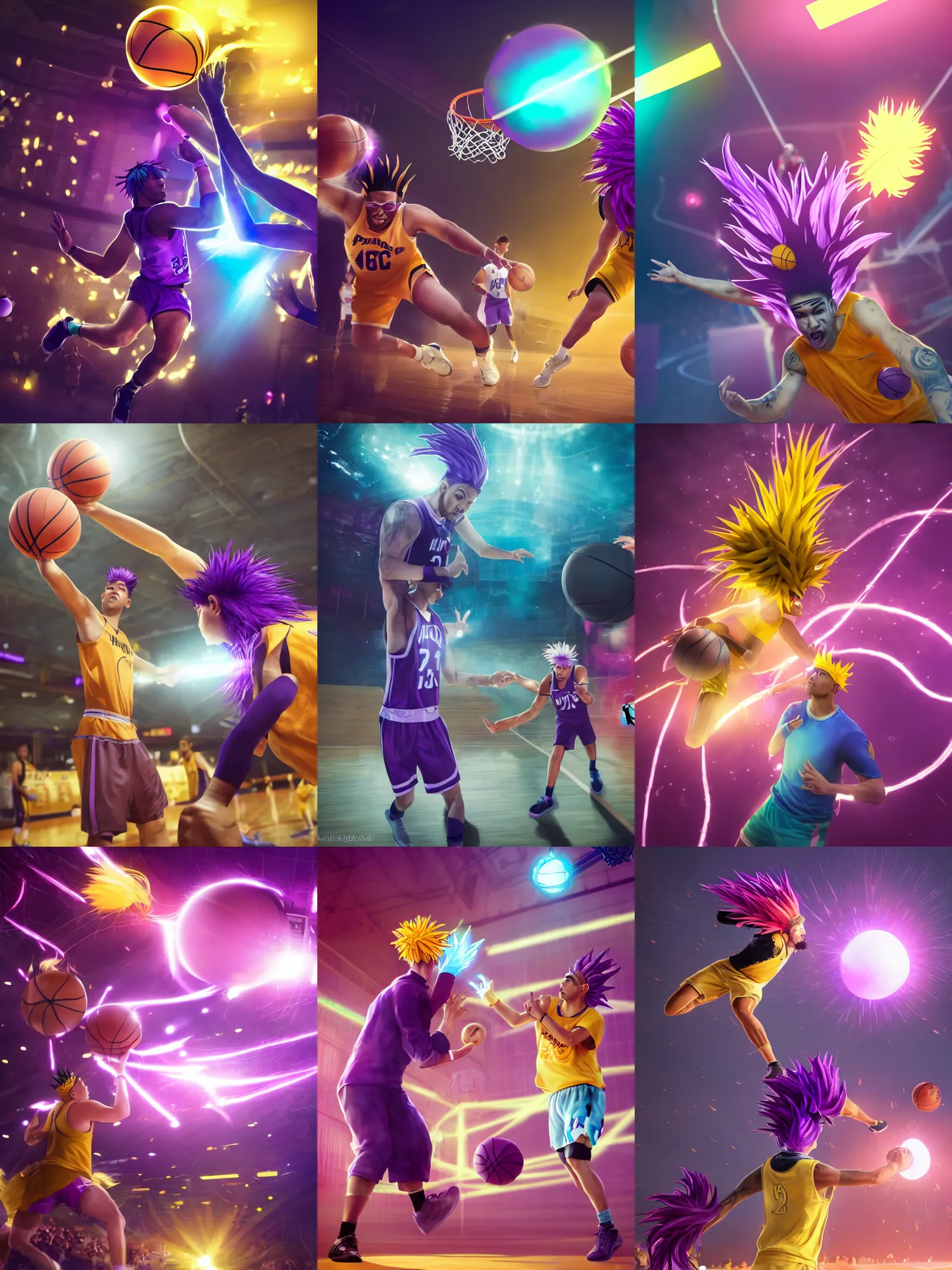 Prompt: a human pineapple playing basketball against a man with purple hair and cat ears, ultra realistic, lens flare, atmosphere, glow, detailed, intricate, full of colour, cinematic lighting, trending on artstation, 4 k, hyperrealistic, focused, extreme details, unreal engine 5, cinematic, masterpiece