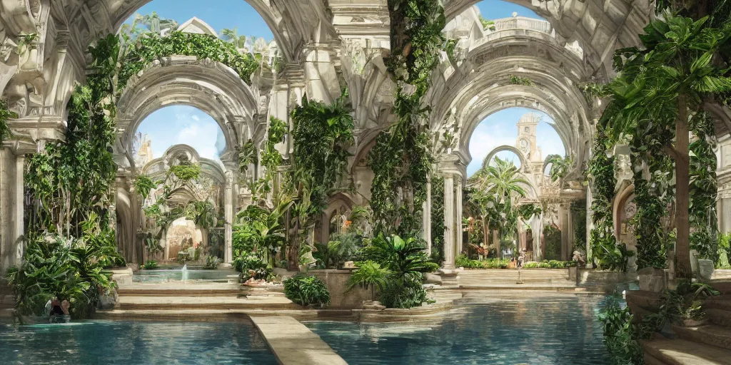 Prompt: cathedral interior with koi pond in the middle surrounded by palm trees, ivy, flowers, tropical plants, roses, and with archways. rendered in octane render with photorealistic lighting, leyendecker, greg rutkowski, artgerm