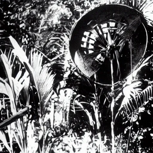 Image similar to lost film footage of a sacred ( ( ( indigenous ) ) ) artifact in the middle of the ( ( ( ( ( ( ( ( ( ( tropical jungle ) ) ) ) ) ) ) ) ) ) / ethnographic object / film still / cinematic / enhanced / 1 9 0 0 s / black and white / grain