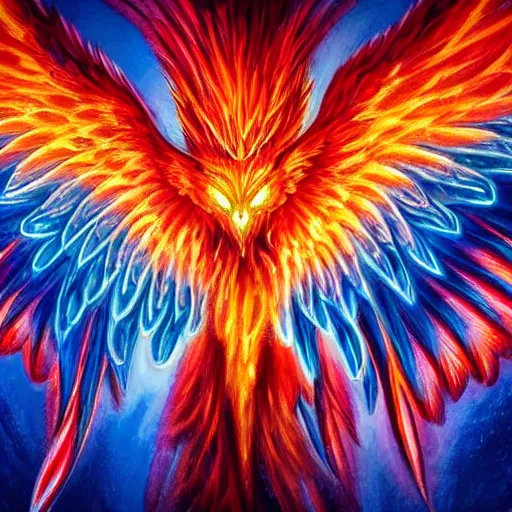 Prompt: hyperdetailed image of a phoenix with its full body flaming and wings spread 8 k extremely detailed hd hyperrealism fiery extremely accurate creepy