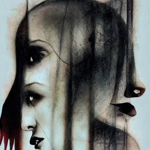 Image similar to The profile of a woman's face, a shadow is facing the other direction, an image split in two, by Dave McKean