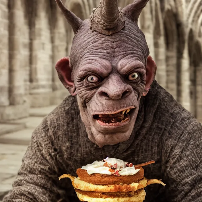 Image similar to closeup profile face portrait of a medieval goblin eating cakes in the cloisters, depth of field, zeiss lens, detailed, symmetrical, centered, fashion photoshoot, by annie leibovitz and steve mccurry, david lazar, jimmy nelsson, breathtaking, 8 k resolution, extremely detailed, beautiful, establishing shot, artistic, hyperrealistic, beautiful face, octane render