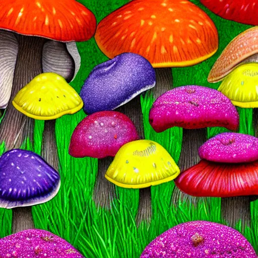 Image similar to field of colorful mushrooms, realistic, pretty